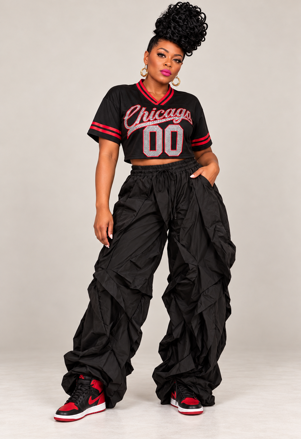 Black & Red Chicago Rhinestone Crop Top